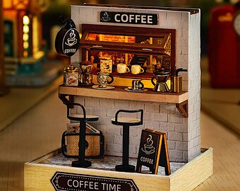 Miniature kit - Coffee Shop DIY Kit with Light - Cafe Miniature - Gift under 20