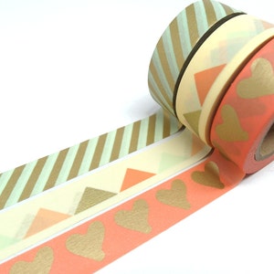 Mint Green and Gold Washi Tape Gold Heart Washi Tape Coral Pink Washi Tape image 2