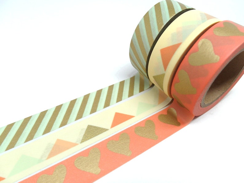 Mint Green and Gold Washi Tape Gold Heart Washi Tape Coral Pink Washi Tape image 2