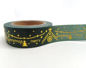 Merry Christmas - Green Washi Tape - Christmas Washi Tape - Gold Washi Tape - Guilded Washi Tape