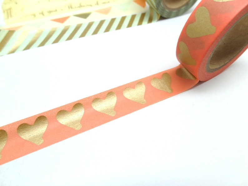 Mint Green and Gold Washi Tape Gold Heart Washi Tape Coral Pink Washi Tape image 5