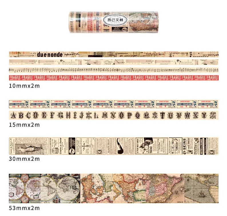 Vintage Map, Newspaper, Alphabet, Music Notes, Tickets, Vintage Collage Library Series Washi Tapes Set of 8 Gift under 10 image 2