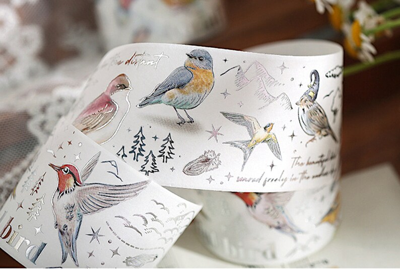 Silver Metallic Mountain Birds Washi Tape, 40 mm x 3 m image 1