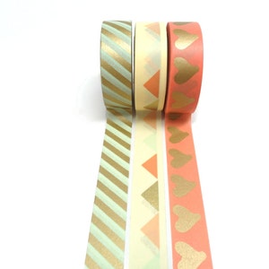 Mint Green and Gold Washi Tape Gold Heart Washi Tape Coral Pink Washi Tape image 1