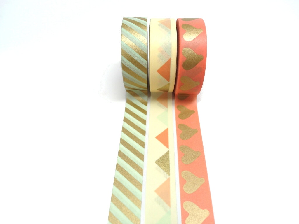 Mint Green and Gold Washi Tape - Gold Heart Washi Tape - Coral Pink W…