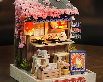 Miniature kit - Sakura Noodles Shop DIY Kit with Light - Japanese Ramen House Kit - Gift under 20