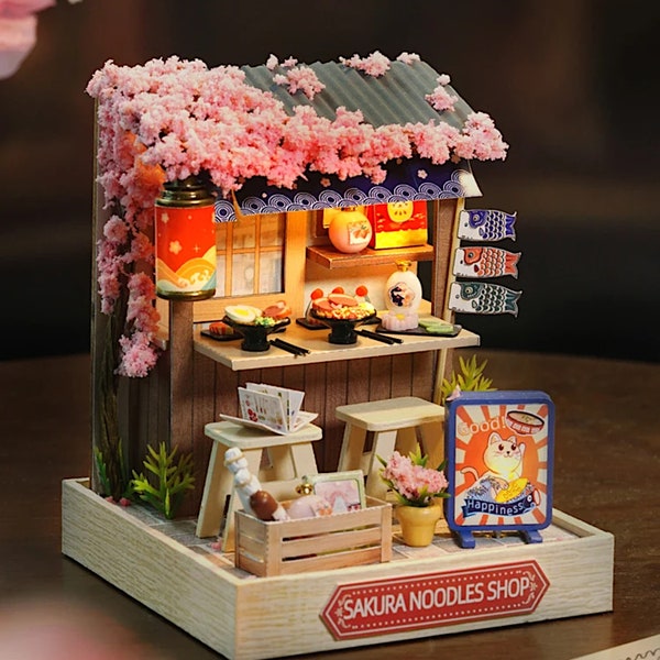 Miniature kit - Sakura Noodles Shop DIY Kit with Light - Japanese Ramen House Kit - Gift under 20