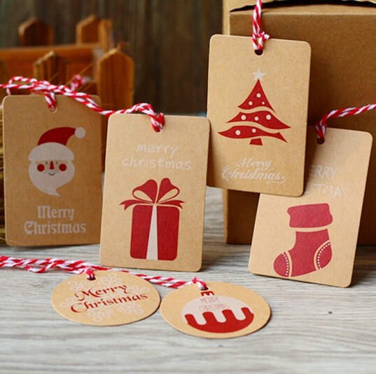 Christmas Gift Tags, Christmas Tags, Kraft Tags, Red and White Twine …