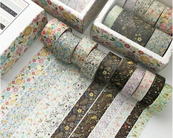 Lot de rubans adhésifs Washi - Fleurs - Washi feuilles - Cadeau pour fille - Washi métallique - Cadeau pour les moins de 20 ans