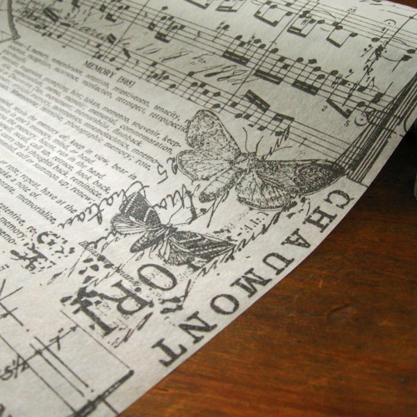 Black and White Old Dictionary, Butterflies, Music Notes, Vintage Script Tissue Paper Wrap