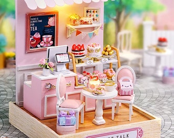 Miniature maison de thé avec lumière - Kit café miniature rose - Cadeau pour les moins de 20 ans