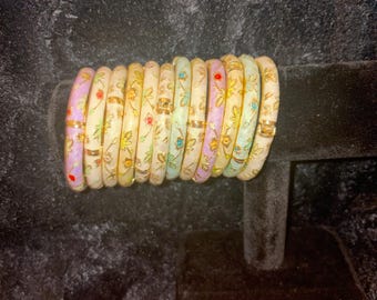 Gold Tone Enamel Flower Bangle Bracelet Set | Stackable Floral Jewelry | 6 Pieces