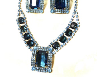 SAPPHIRE Emerald Cut Rhinestone Demi Parure (Necklace Bracelet, Earrings)  Delizza & Elster, BOOK PIECE, Stunning!