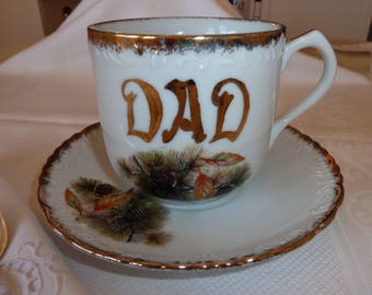 DAD/FATHER GIFT, Coffee, Tea Cup and Saucer, Extra Large/Two Cup, Vintage, Hand Painted, Nature, Nature Lover, Grandad Gift, One of a Kind