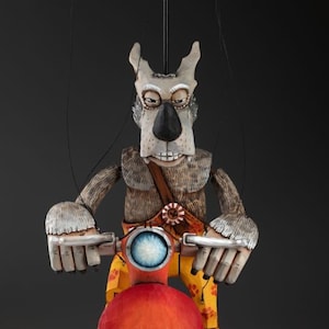 Wolf with Vespa - wooden hand-carved marionette