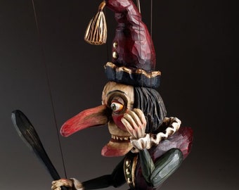 Mr. Punch – fantastische handgesneden marionet met beroemd karakter | gemaakt van lindehout, met de hand beschilderd met niet-giftige kleuren en bijenwas