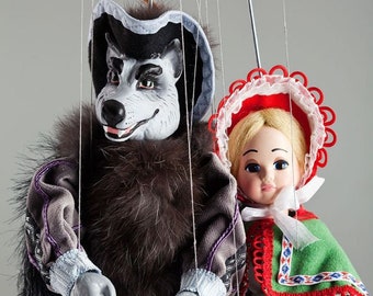 Roodkapje en Wolf marionetten - Tsjechische handgemaakte stringpoppen