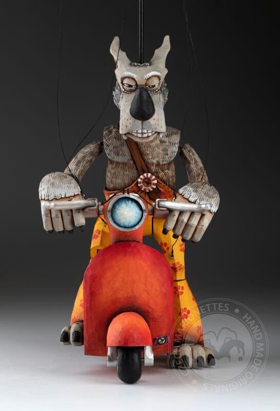 Wolf with Vespa - wooden hand-carved marionette