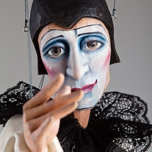 Melancholic Pierrot Marionette - Czech Unique Hand Carved Puppet