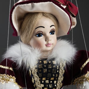 Awesome Countess Annie – 13&quot; string puppet of tender blonde in richly decorated dress – by Czech Marionettes