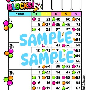 May include: A vibrant bingo card labelled "Confetti Blocks!" with a grid of numbers and the word "SAMPLE" across it. The card has a confetti theme with bright colours and is designed for a game.