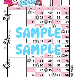 May include: A pink and white bingo card with a winter theme. The card features snowflakes, a pink Christmas tree, a bear in a winter hat, and the words "Cozy Winter." The card has the word "SAMPLE" in large blue letters.