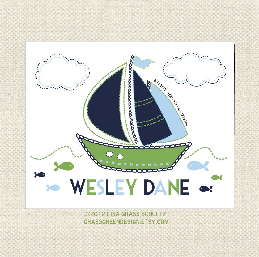 Custom Sailboat Nursery Baby Name And Info Print Birth | Etsy