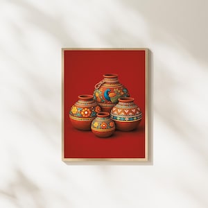 Arte murale pakistana Ghara – Quattro vasi di argilla, stampa di arte popolare (download digitale)