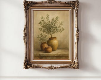 May include: A framed painting featuring a still life of three ceramic pots in shades of brown, with a green leafy plant in the largest pot. The painting has a gold ornate frame.