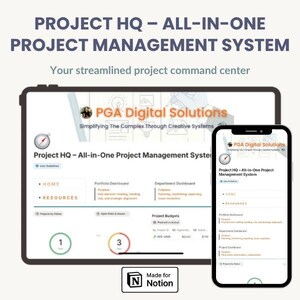 Könnte beinhalten: Ein Tablet und ein Smartphone zeigen eine Projektmanagement-Systemoberfläche. Der Text lautet "PROJECT HQ - ALL-IN-ONE PROJECT MANAGEMENT SYSTEM" und "Your streamlined project command center." Die Oberfläche ist weiß mit blauen und grünen Akzenten.