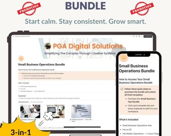 May include: A digital product bundle displayed on a tablet and smartphone. The bundle is for small business operations and includes templates. The text reads "Small Business Operations Bundle" and "Start calm. Stay consistent. Grow smart."