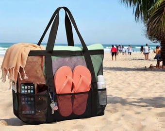 Large Mesh Beach Tote Bag with Pockets, Family Travel Beach Bag, Quick Dry Pool Tote, Foldable Cruise Bag, Sand proof Toy Organizer Bag