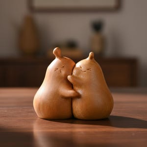 May include: A pair of wooden figurines in a warm, light brown hue, embracing each other. The figures have a pear-like shape with small, rounded heads and simple facial features. The sculpture is set on a wooden surface, suggesting a decorative item.