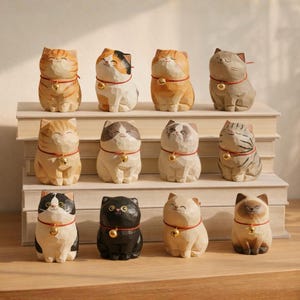 May include: A collection of twelve wooden cat figurines, each with a unique color pattern and carved details. The cats are adorned with red collars and golden bells. They are arranged on a stack of books, showcasing a variety of poses and expressions.