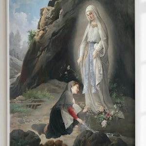 May include: Framed print of a classical painting depicting a religious scene. A woman in a white robe stands near a kneeling figure. The background features a rocky landscape and a cloudy sky. The artwork is framed in a silver-colored frame.