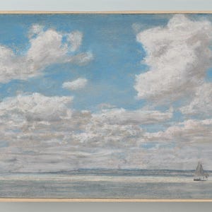 May include: A framed pastel artwork depicting a seascape with a bright blue sky filled with fluffy white clouds. The horizon line shows a calm sea with small sailboats. The artwork is signed in the lower right corner.