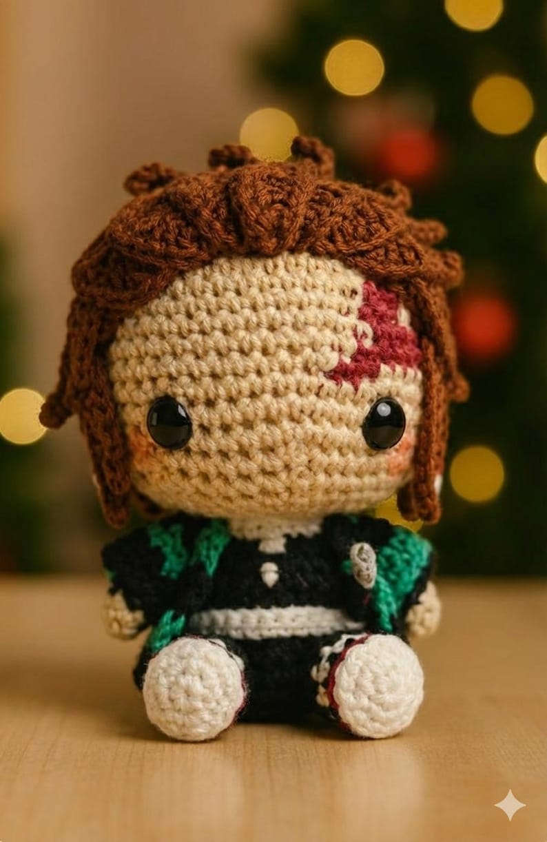 Close view of the Tanjiro inspired crochet doll details