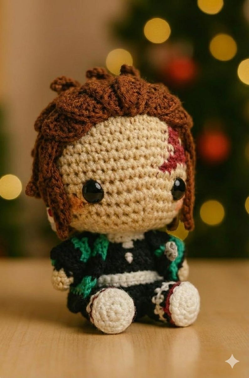 Tanjiro inspired amigurumi seated crochet doll