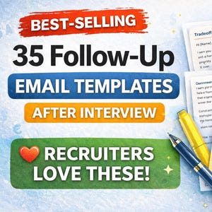 Puede incluir: Imagen que promociona 35 plantillas de correo electrónico de seguimiento después de una entrevista. El diseño incluye texto en rojo, azul y naranja, con las palabras "¡A los reclutadores les encantan!" en verde. También se ven un bolígrafo, un resaltador y ejemplos de correos electrónicos.