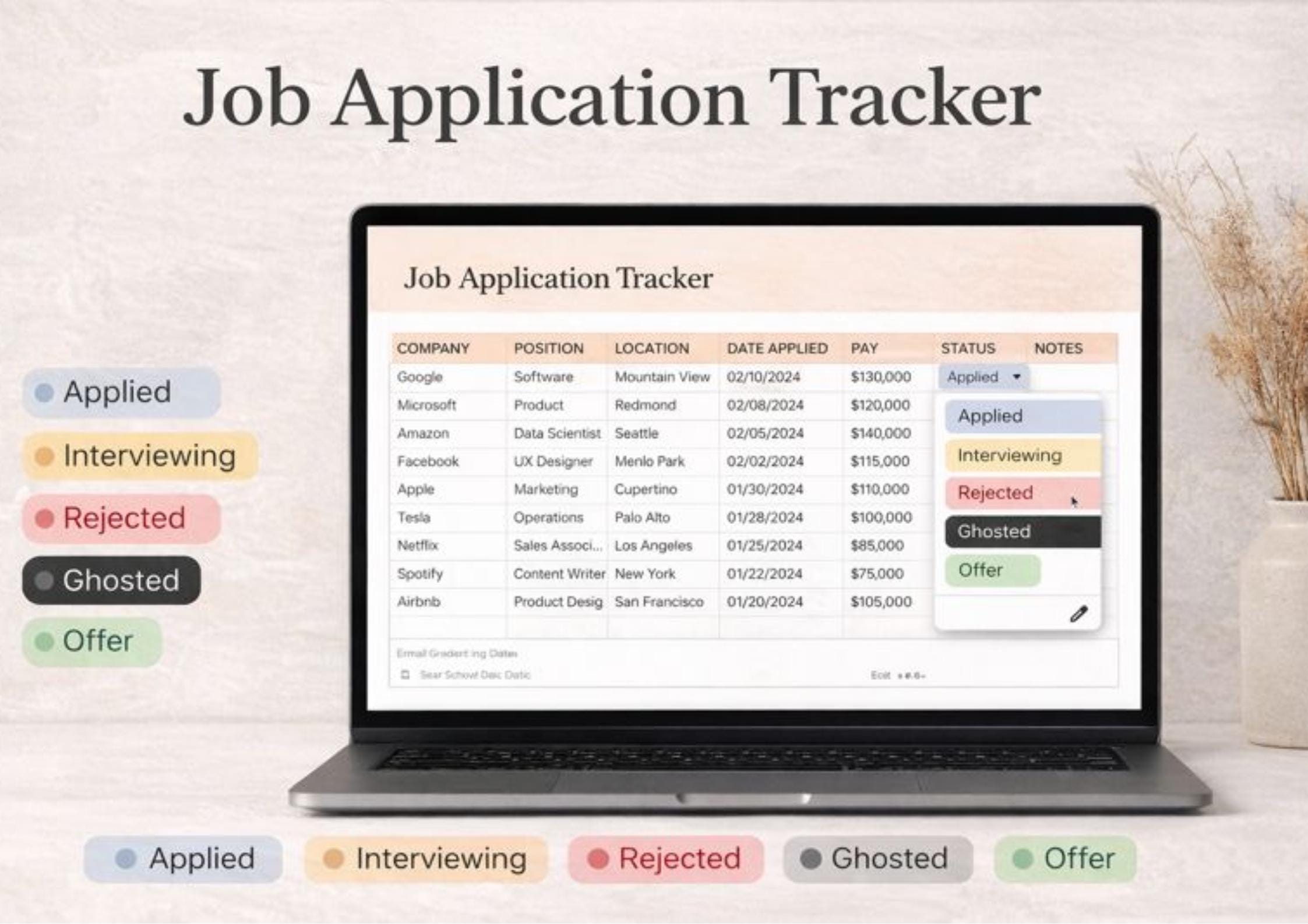 Job Application Tracker Google Sheets & Excel Simple Job Search Spreadsheet