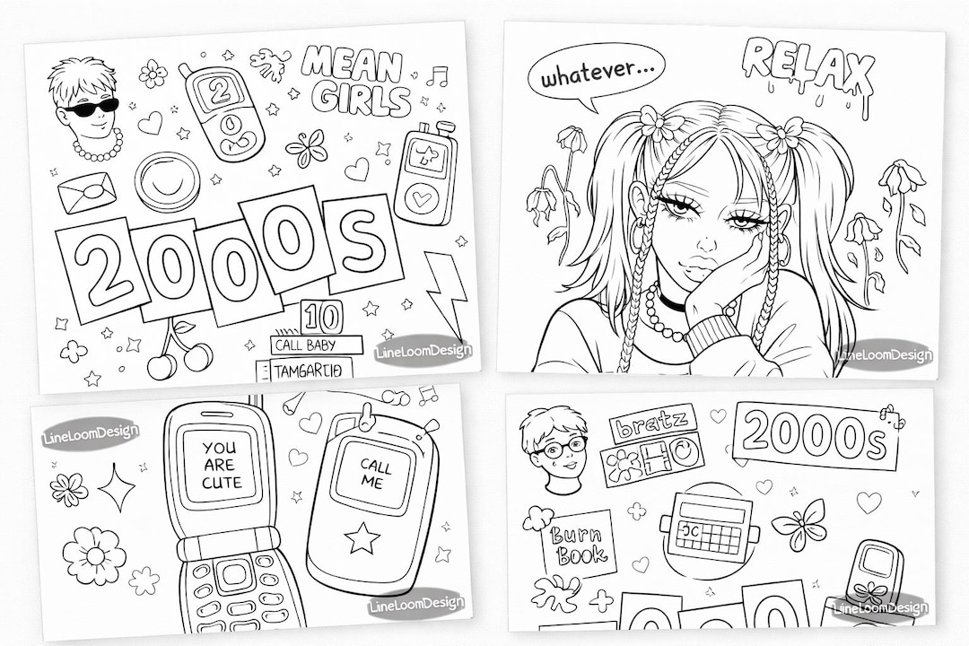 2000s Aesthetic Coloring Book Cute Y2K Retro Pages Printable &