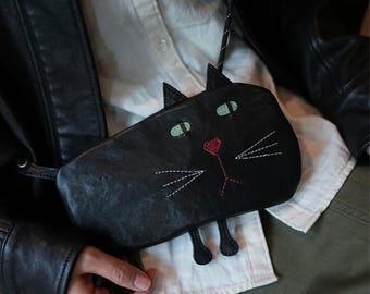 Bolso bandolera de piel auténtica kawaii: tamaño pequeño, con decoración de gato para mujer