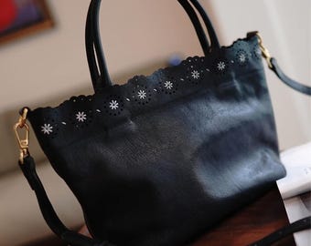 Bolsa transversal minimalista feita à mão: tamanho grande, bolsa de couro, estampa floral.