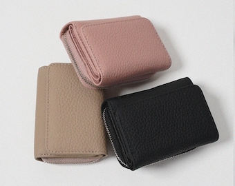 Cartera de cuero genuino de tres pliegues: monedero minimalista, bolso de piel de vaca hecho a mano