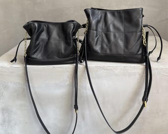 Bolsa transversal minimalista preta feita à mão: Bolsa feminina, alça ajustável, couro legítimo.