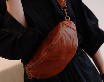 Bolsa transversal feminina de tamanho pequeno: Bolsas feitas à mão, couro genuíno, alça ajustável, bolsa de cintura