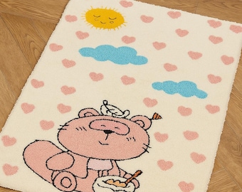 Hand Tufted Nursery Rug, Cute Pink Bear Area Rug, Kids Room Decor, Baby Girl Playroom Carpet, Handmade Wool Accent Rug, Cloud Heart Rug