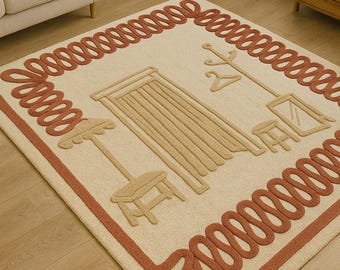 Minimalistisk abstrakt matta, modern beige vardagsrumsmatta, skandinavisk golvmatta, modern heminredningsmatta