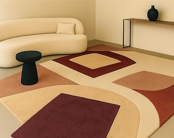 Modern Geometric Hand Tufted Rug, Abstract Wool Area Rug, Neutral Beige Terracotta Carpet, Contemporary Living Room Rug, Custom Size Decor