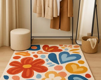 Colorful Groovy Tufted Rug, Danish Pastel Aesthetic Area Rug, Retro Floral Heart Carpet, Funky Cute Room Decor, Aesthetic Bedroom Rug